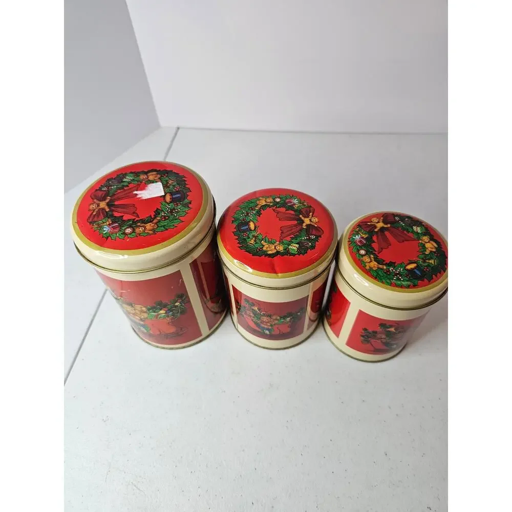 Vintage Christmas Teddy Bear nesting tins set of 3 holiday cookie canisters